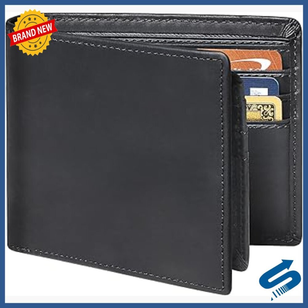 Slim RFID Blocking Leather Bifold Wallet with 11 Card Slots ID Window